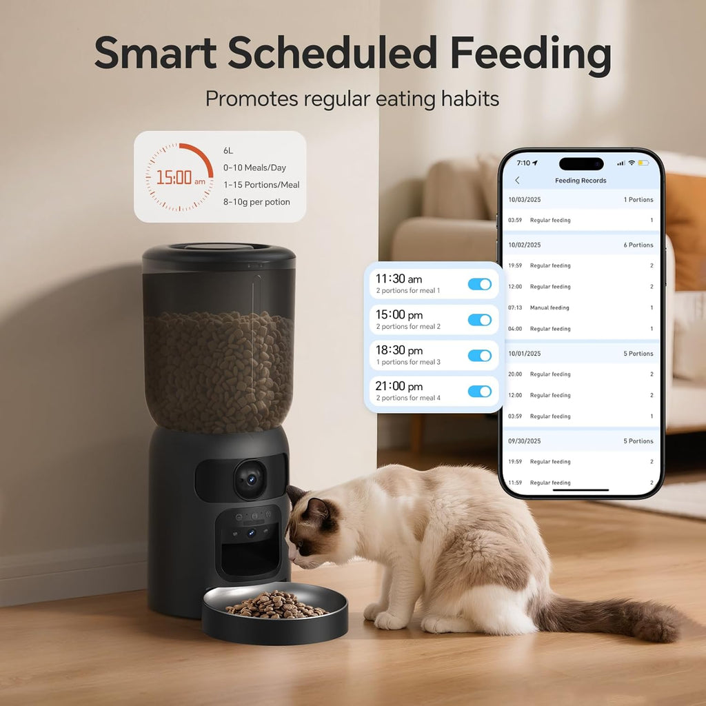 Automatic Cat Feeder with Dual 2K HD Camera, Smart Pet Food Dispenser for Timed Meals, APP Control Laser Interactive Toy Treat Feeders with 2.4G / 5G WiFi, Black