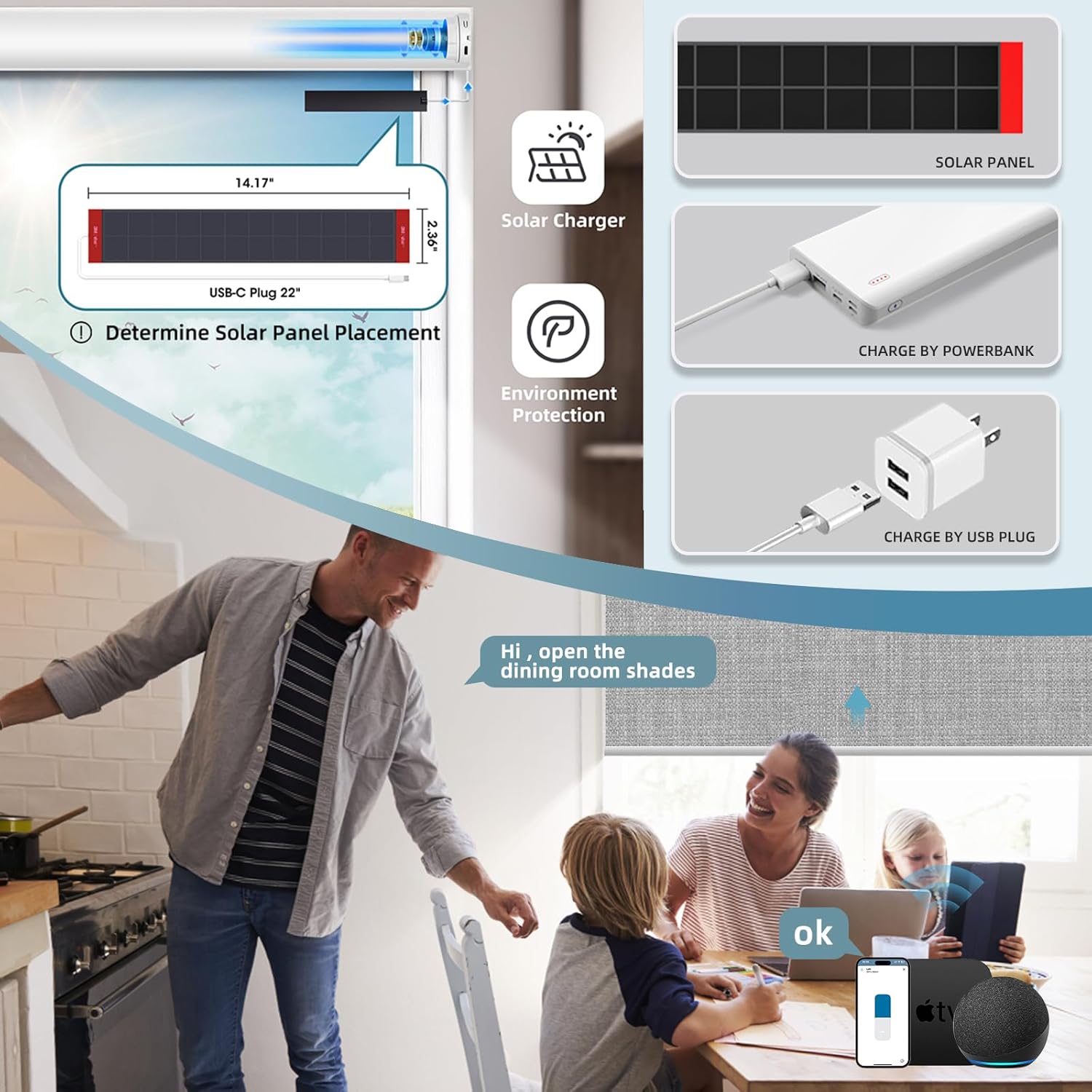SmartWings Motorized Roller Shades Work with Homekit, Alexa Google, 100% Blackout Smart Blinds for Windows, Cordless Remote Control Window Shades, Vigor Pale Grey, Customized Size
