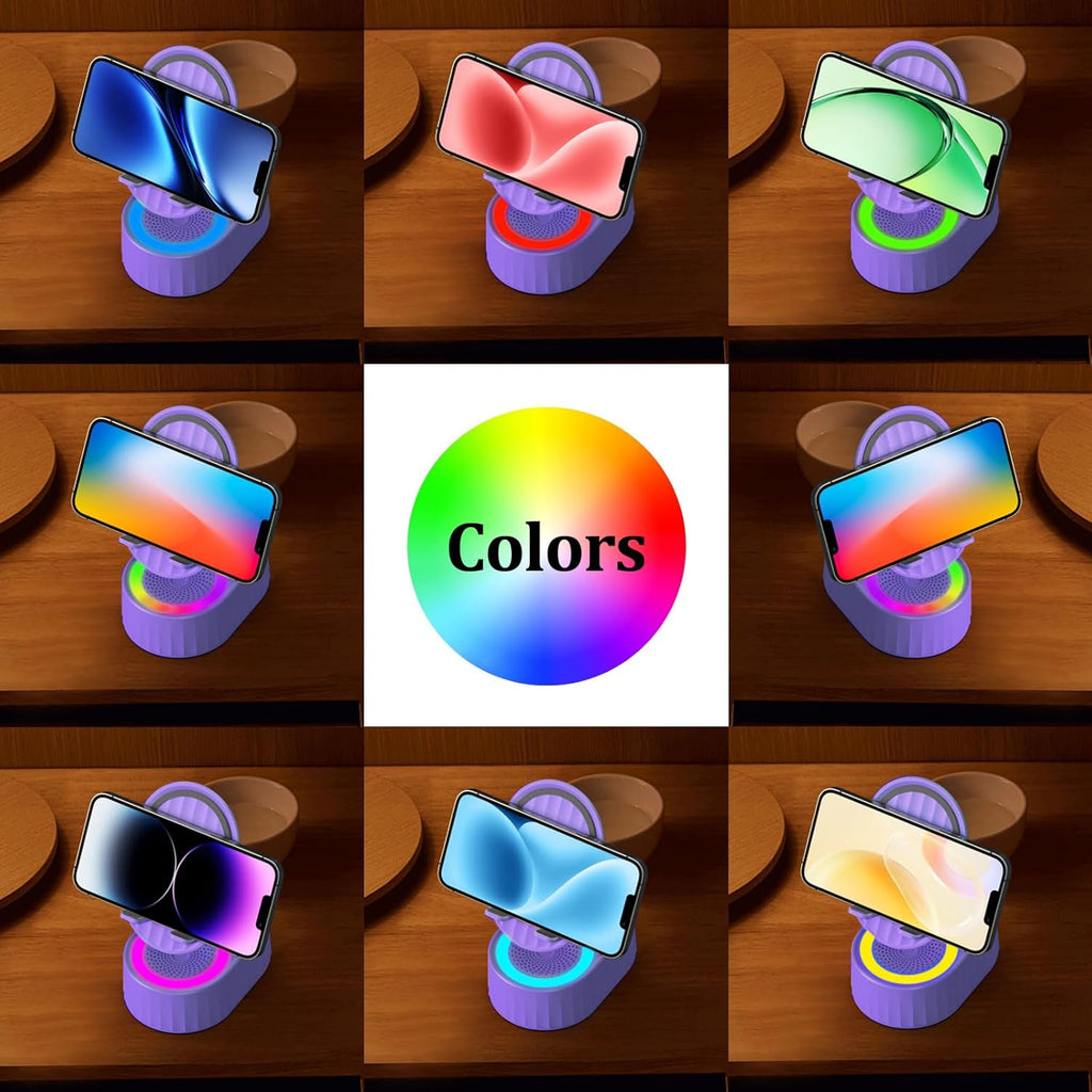 Wireless Induction Audio Bluetooth Speaker 5in1 Phone Holder Emergency Rechargeable (3000mAh) with Colorful Ambient Light 300° Foldable for Tablet iPhone Android, Gifts for Men Women
