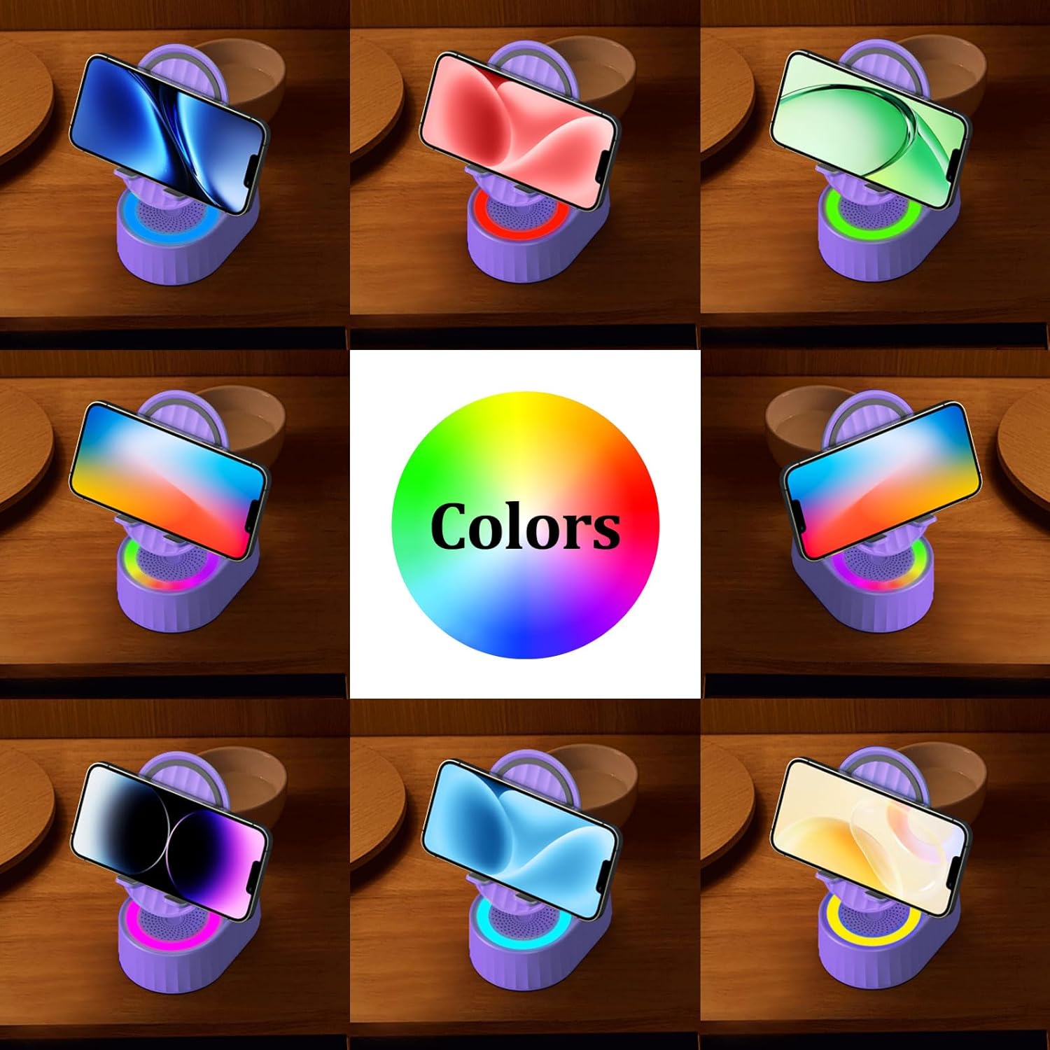 Wireless Induction Audio Bluetooth Speaker 5in1 Phone Holder Emergency Rechargeable (3000mAh) with Colorful Ambient Light 300° Foldable for Tablet iPhone Android, Gifts for Men Women