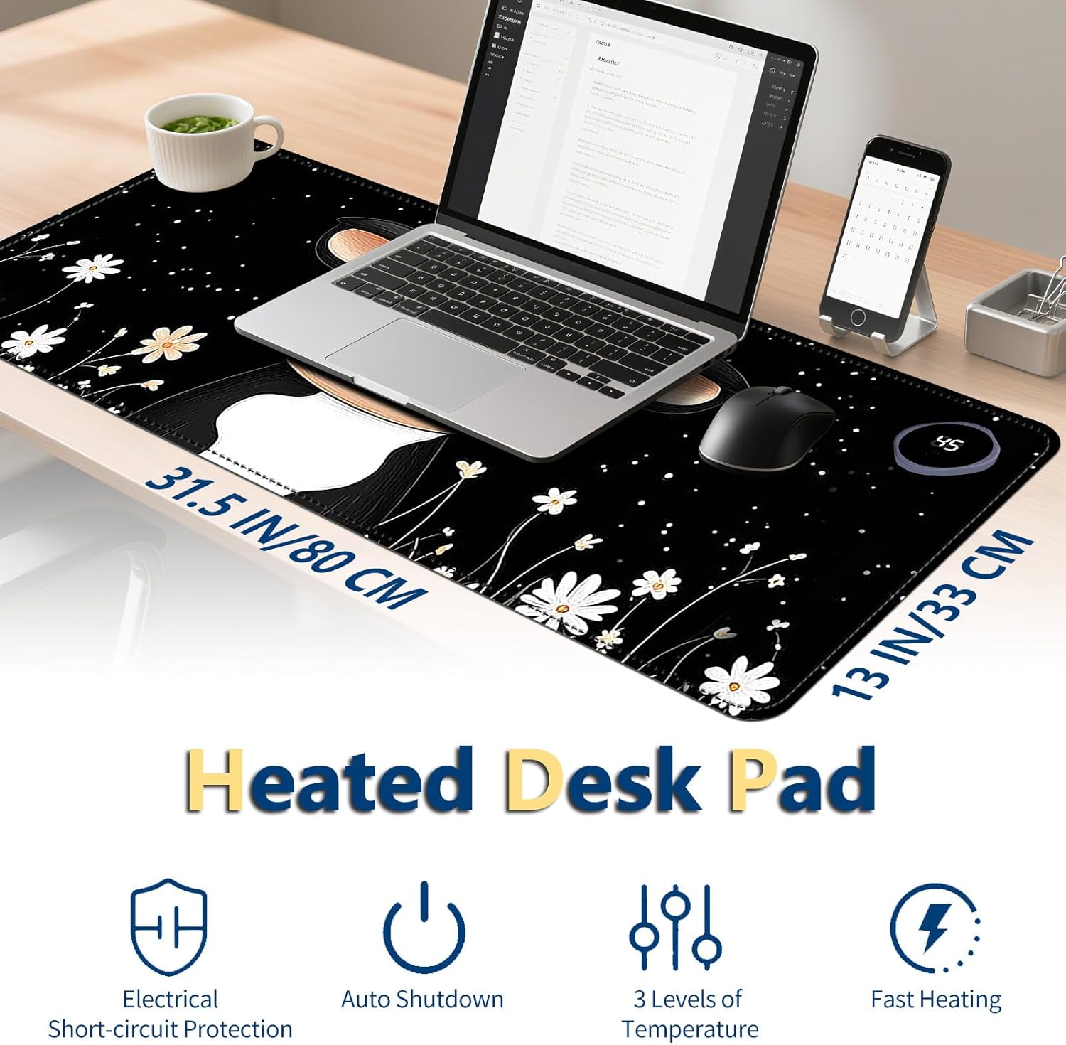 Heated Mouse Pad with 3 Temperature Settings(104°F–122°F),Large 31.5x13 Inch PU Leather Heated Desk Mat,Waterproof Warming Pad for Office,Gaming & Cold Hands Relief,Cute Black White Cow