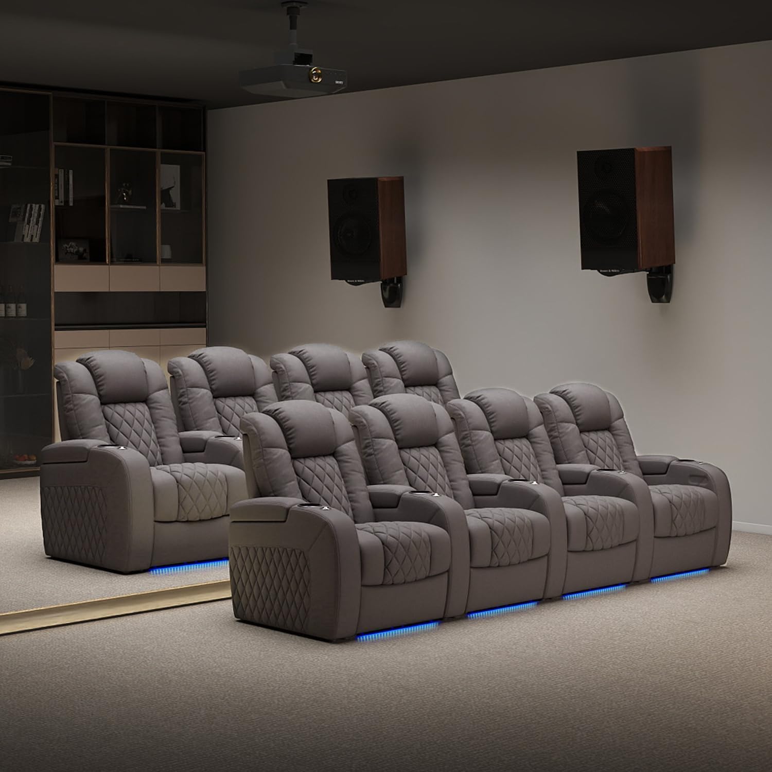Weilianda Home Theater Seating Top Grain Leather Recliner Chair Power Headrest and Recline Movie Seats Gaming Sofa with Tray Table Type-C USB Charge Cup Holders Row of 1 Grey
