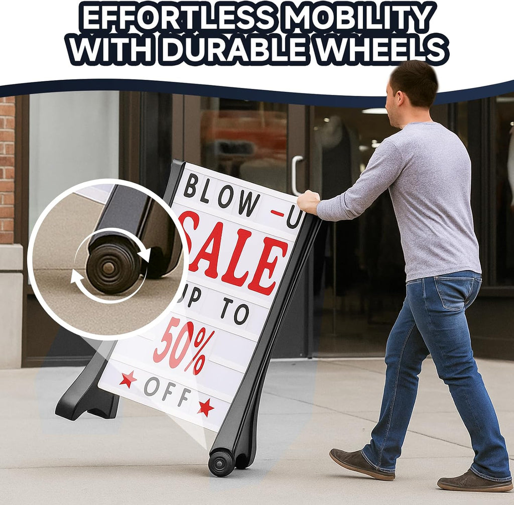 24"x39" Changeable Message Board Sidewalk Sign, Standard Portable A-Frame Sign & Letter Kit for Outdoor,Business, Large Black Standing Frame with Wheels, Water-Fillable and Wind-Resistant