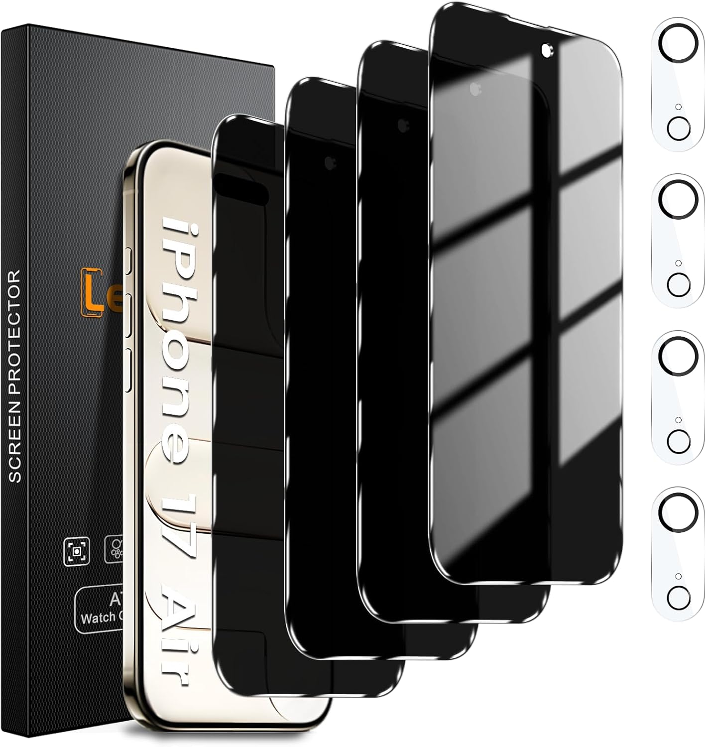 4 Pack Privacy Screen Protector for iPhone 17 Air 6.5-Inch with 4 Pack Camera Lens Protector, Anti Spy Tempered Glass Film 9H Hardness Bubble Free Case Friendly