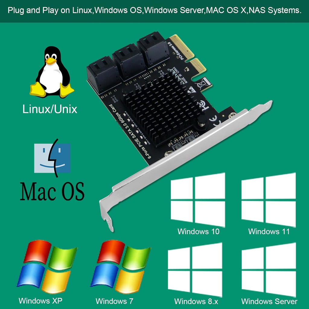 PCIE 3.0 X4 to 6-Ports Serial ATA/SATA 3.0 Host Controller, Plug and Play on Windows OS, MAC OS, and Linux Kernel Systems-6X 6Gbps Max SATA 3.0 None Raid Ports-Support AHCI Boot Up (PCE-G3S6)