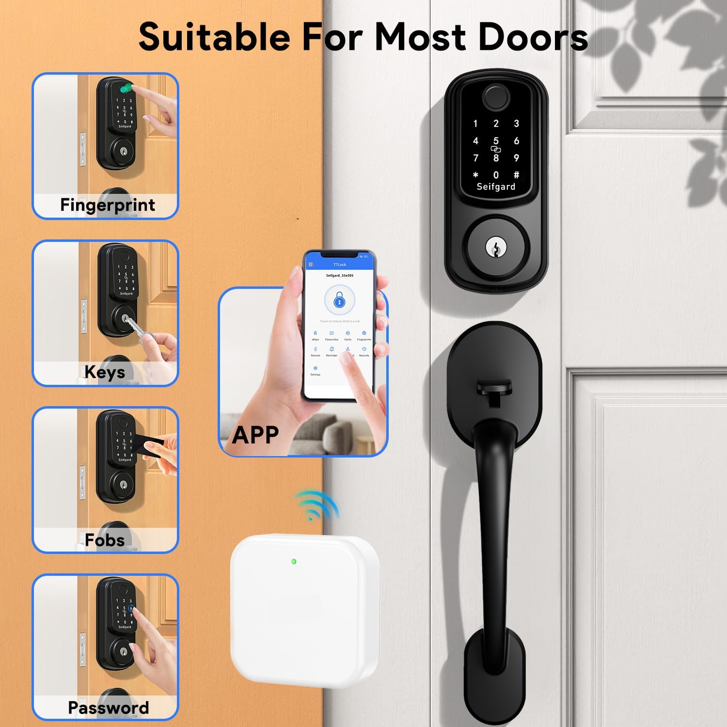 Keyless Entry Door Lock Deadbolt with Handle Set, Smart Door Lock with WiFi Gateway, Auto Lock Compatible with Alexa, Black