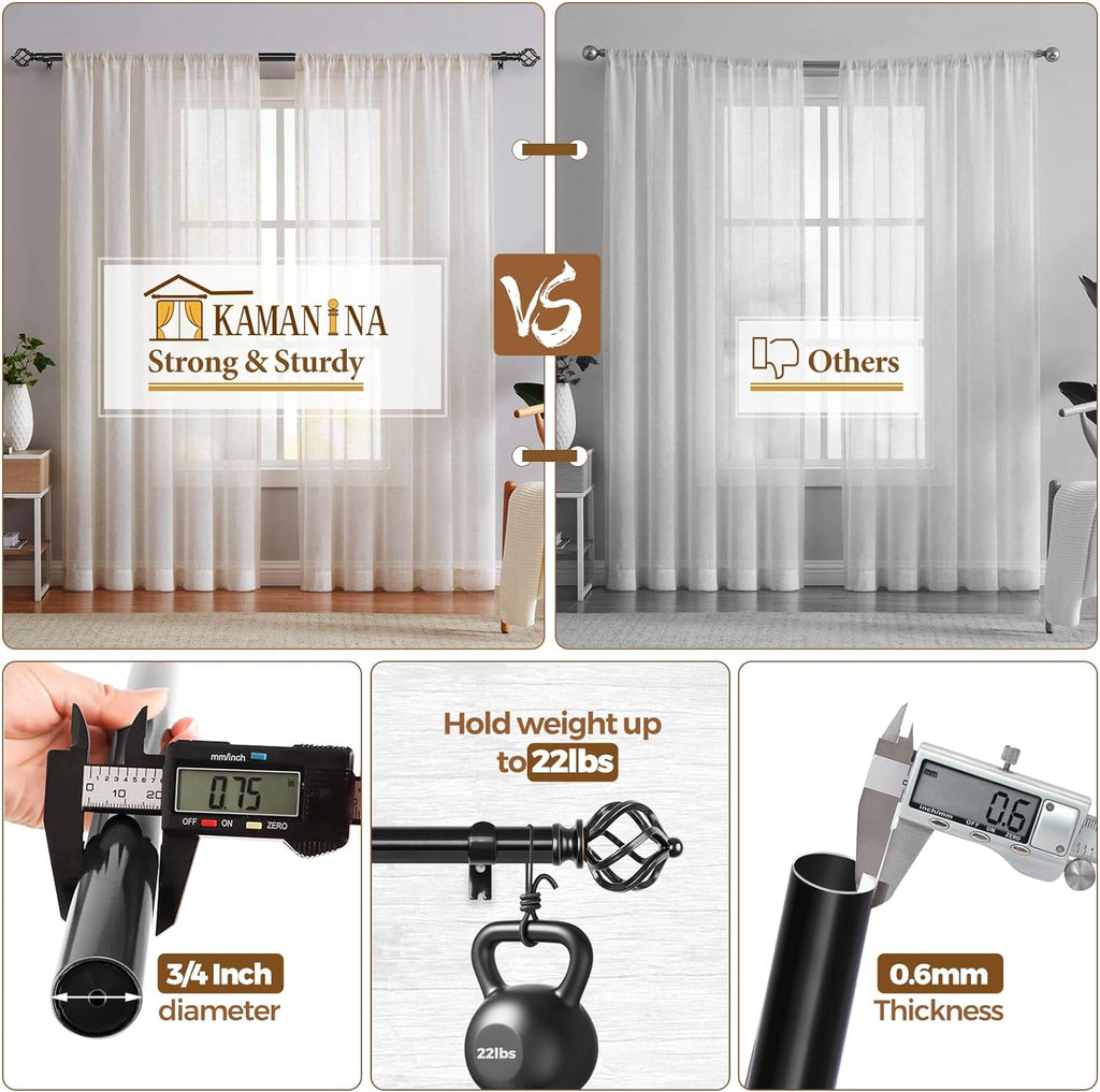 KAMANINA Curtain Rods for Windows 66 to 120 Inch, 3/4 Inch Black Curtain Rod 32 to 115 Inches (2.6-9.6ft) Splicing Adjustable Single Drapery Rod with Twisted Cage Finial