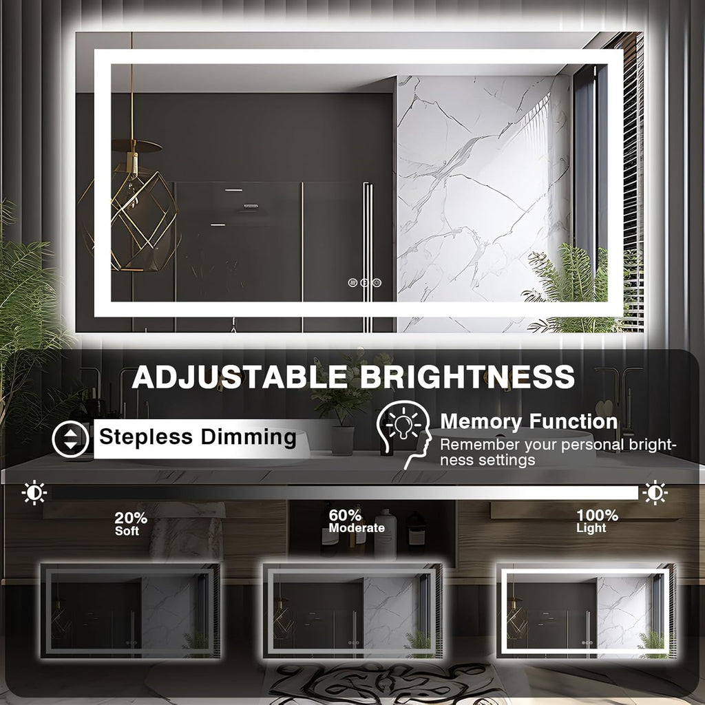 66"x36" LED Lit Bathroom Mirror, Front and Backlit LED Mirror, Anti-Fog Bathroom Mirror with Lights, 3 Colors Stepless Dimmable Mirror, Touch Sense (Horizontal/Vertical)