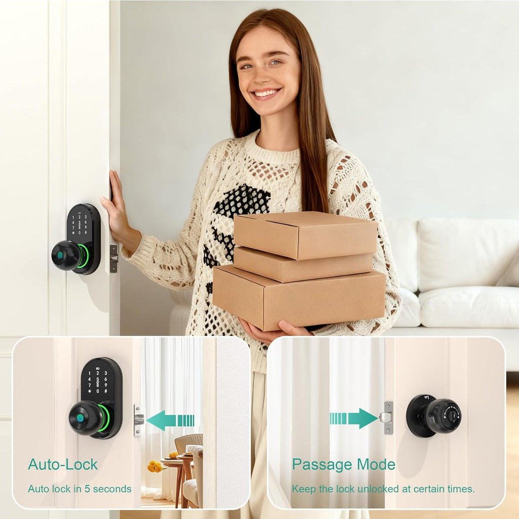 Smart Door Lock Keyless Entry Door Lock with Knob, Keypad Fingerprint Door Lock with Handle, Electronic Digital Code for Front Door, App Remote Control, Easy Installation