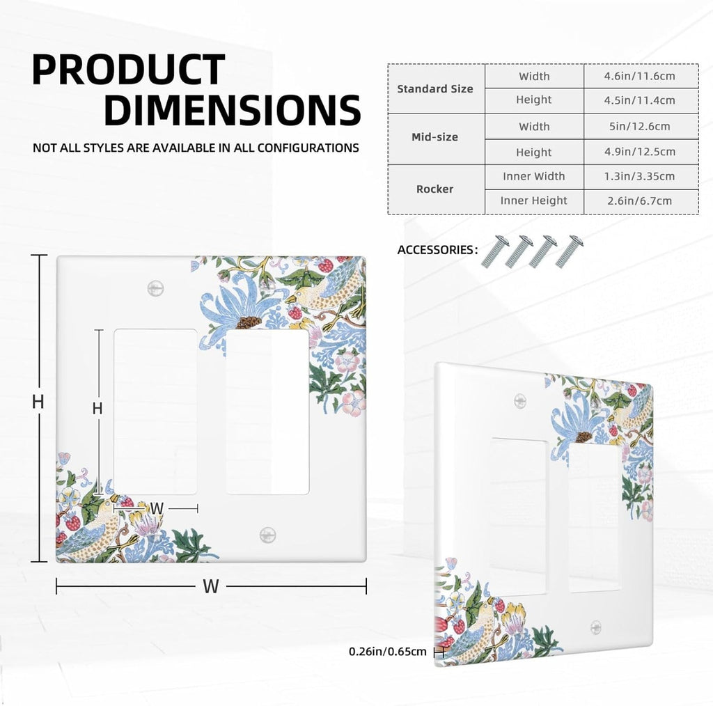Decorative Outlet Covers Retro Morris Strawberry Rustic Plant Bird 2 Gang Wall Plate Double Rocker Two Switch Wall Cover Plate Jumbo Dual GFCI Faceplate for Bedroom Decor