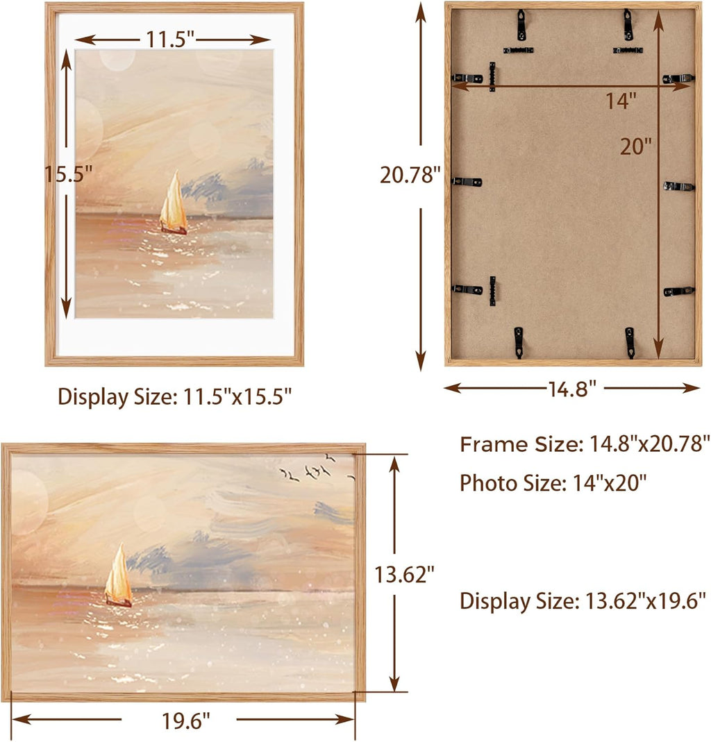 Fun Memories 14x20 Picture Frame, Solid Oak Wooden 14"x20" Photo Frame for Wall, 14 x 20 Frame Matted to 12 x 16, Tempered Real Glass, 14 x 20 Collage Gallery Frames (Natural Oak Color, 1 Pack)