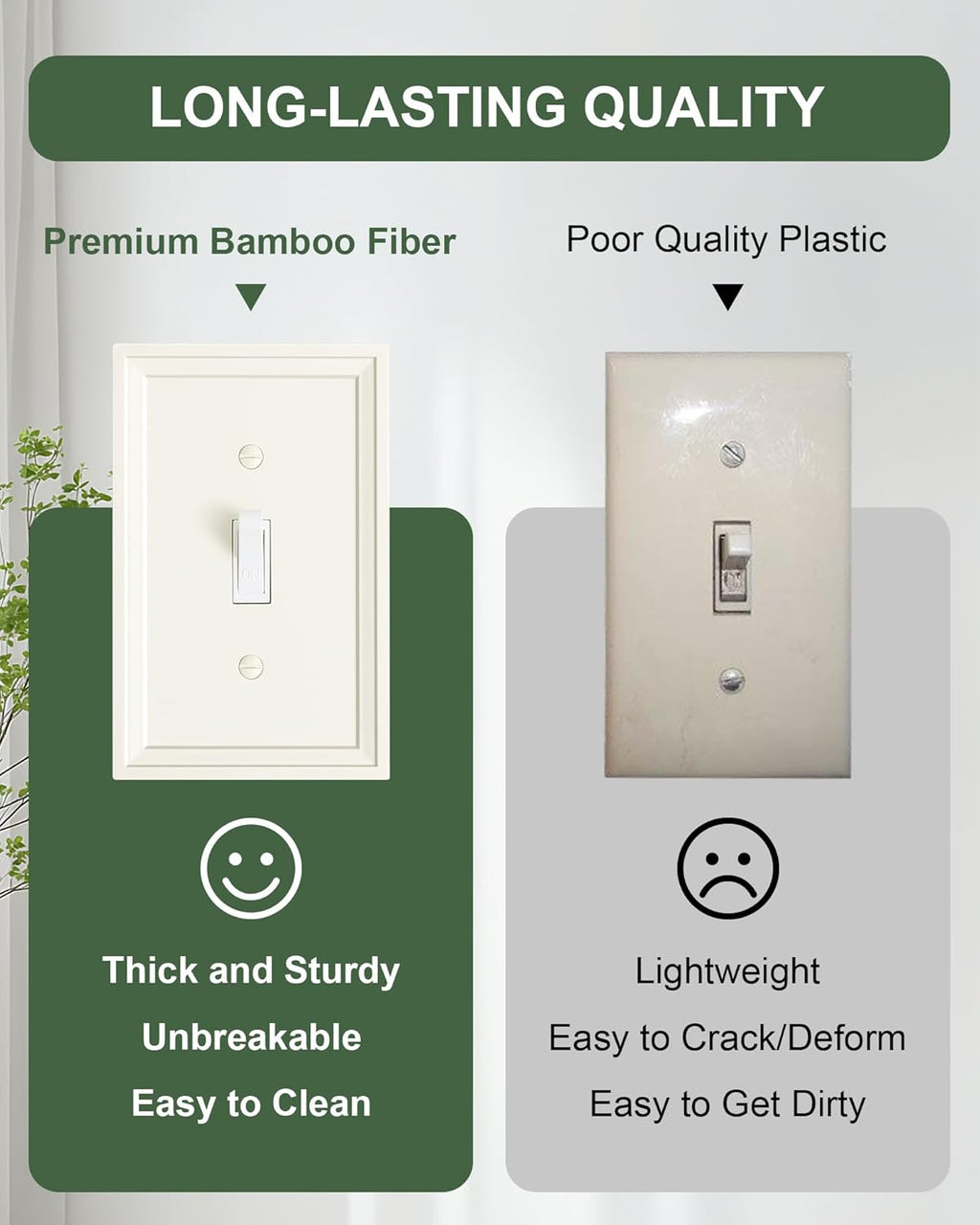 2-Pack Single Toggle Light Switch Covers Wall Plate, Light Almond Decorative Switch Plate Covers, 1 Gang Natural Bamboo Fiber Wall Plate, Corrosion Resistant