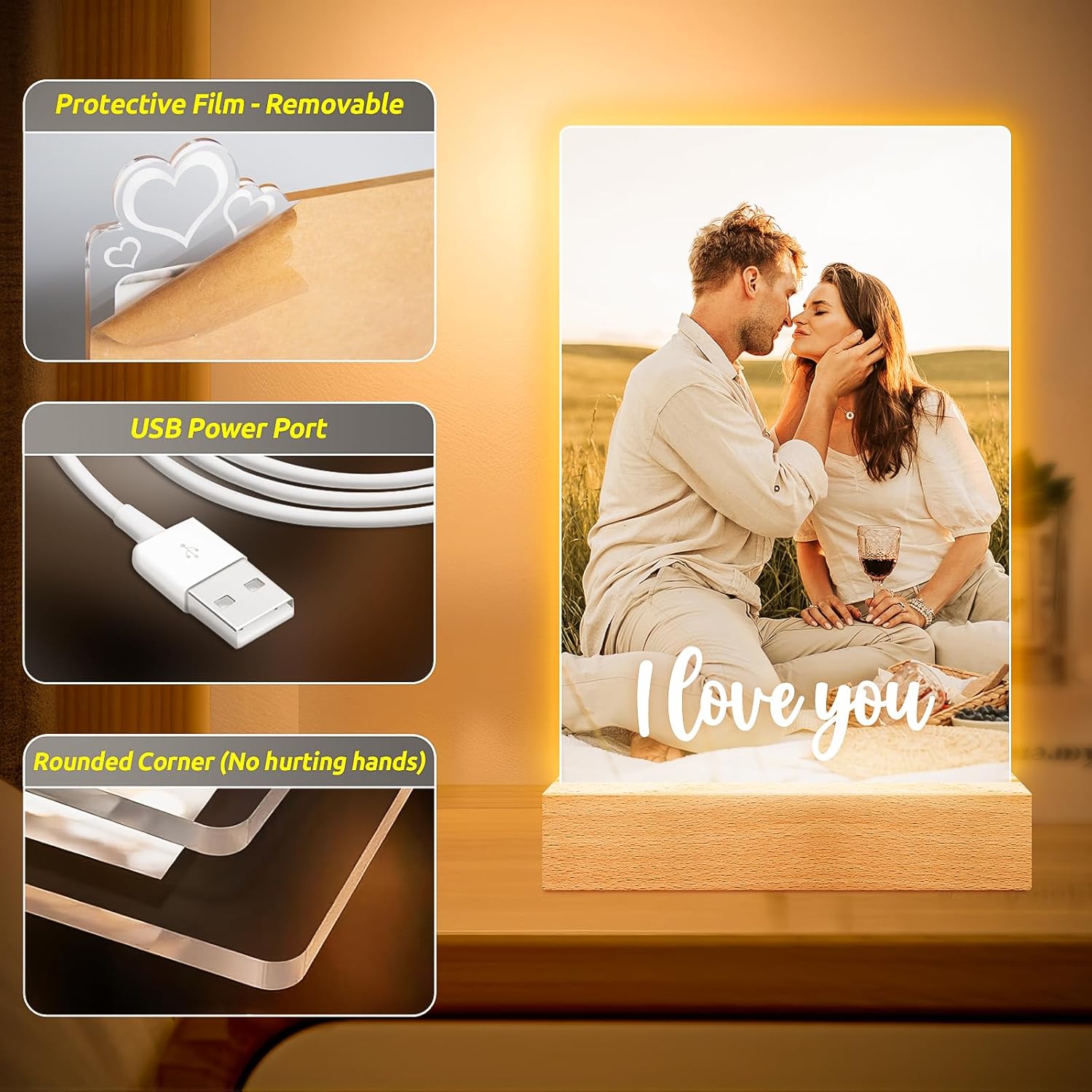Personalized Picture Frame, Custom Photo Frame with Night Light, Custom Picture Frames, Personalized Anniversary Birthday Valentines Day Gifts for Women Men Her Him Girlfriend Boyfriend Couple