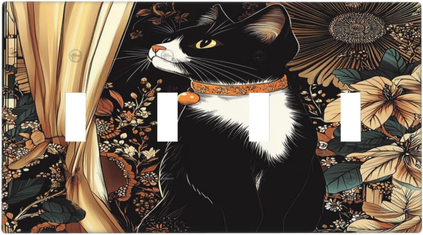 Light Switch Covers Boho Mandala Floral Black Cat Vintage Flower Quad Toggle Electrical Faceplate 4 Gang Wall Plate Decorative Switch Plates For Farmhouse Home Decor