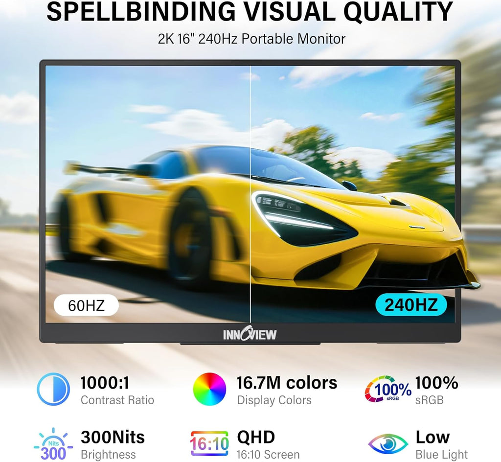 InnoView 16" 240Hz Portable Monitor 2K 2560x1600 100% sRGB Portable Gaming Monitor Supports 120Hz/144Hz/165Hz/180Hz Refresh Rate Monitors Type-C HDMI Laptop Screen Extender for Surface PS5 Switch Xbox