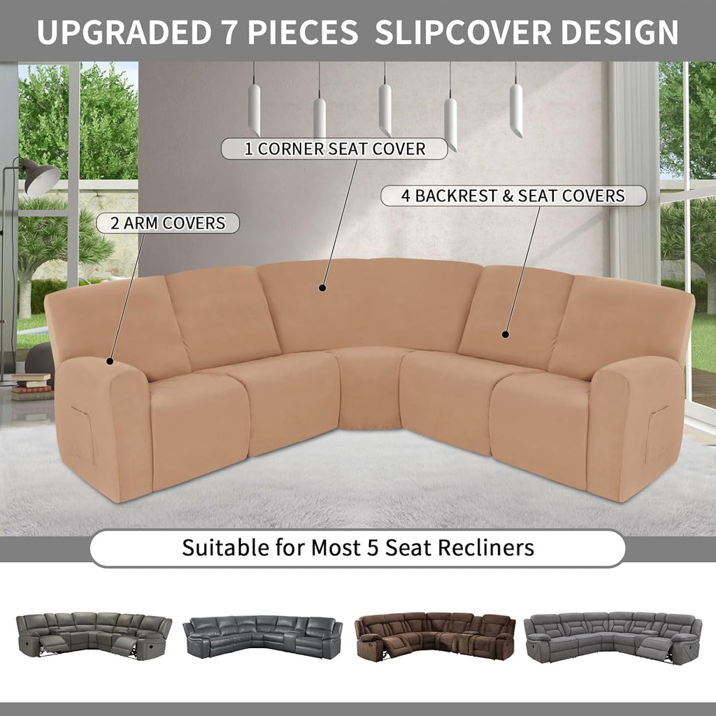 Easy-Going 100% Waterproof Recliner Cover, Stretch Couch Covers for Reclining Couches, Extra Large Sectional Sofa Slipcover, L-Shape Furniture Protector for Kids & Pets, 5 Seater, Camel
