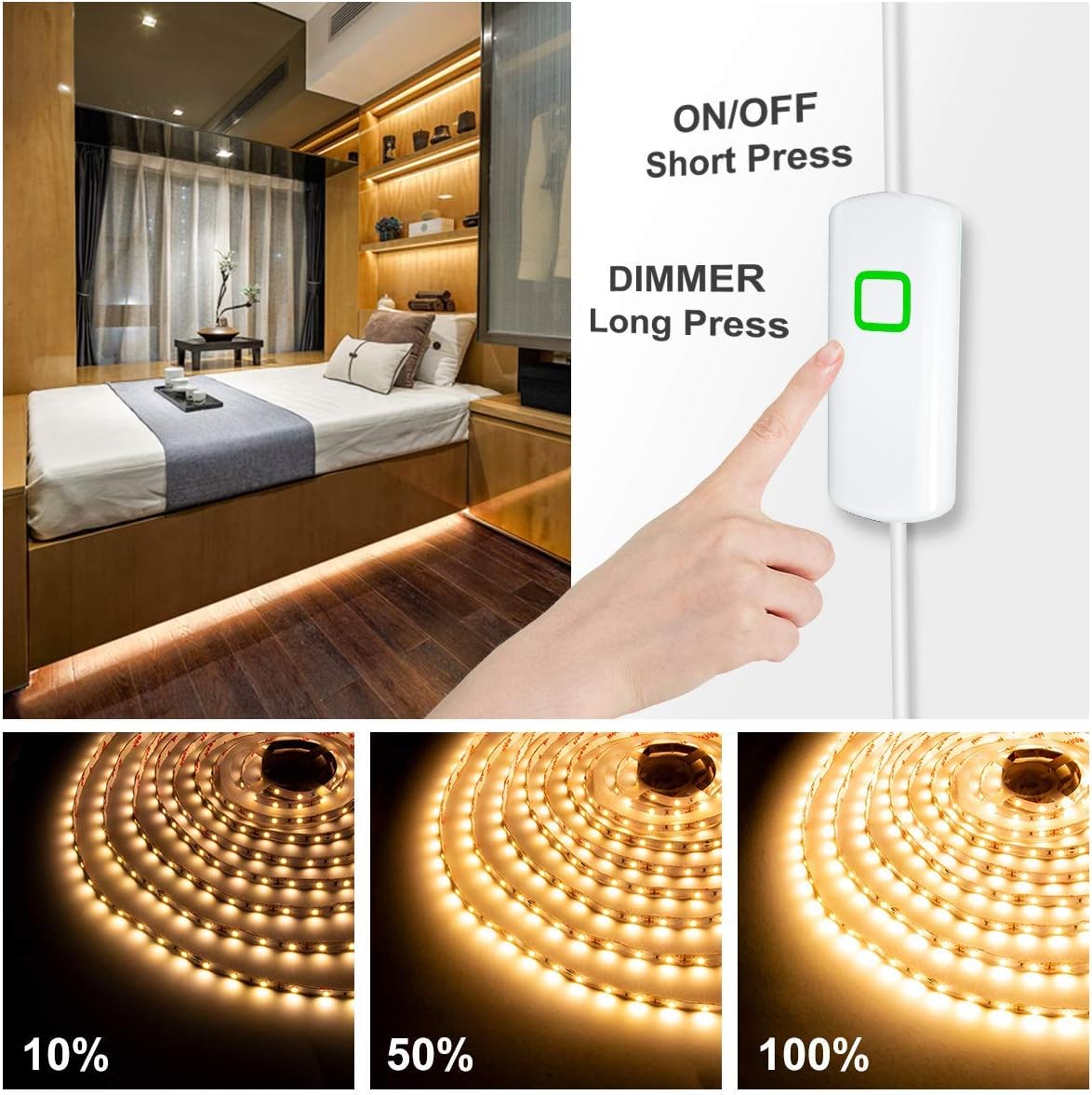 MYPLUS Under Cabinet Lighting Kit, 32.8 Ft Dimmable Led Strip Lights with 600 LEDs,12V, Low Power Safety Adapter, Flexible Tape Light for Kitchen Cabinet,Bedroom,Counter,Shelf (Warm White-3000k)