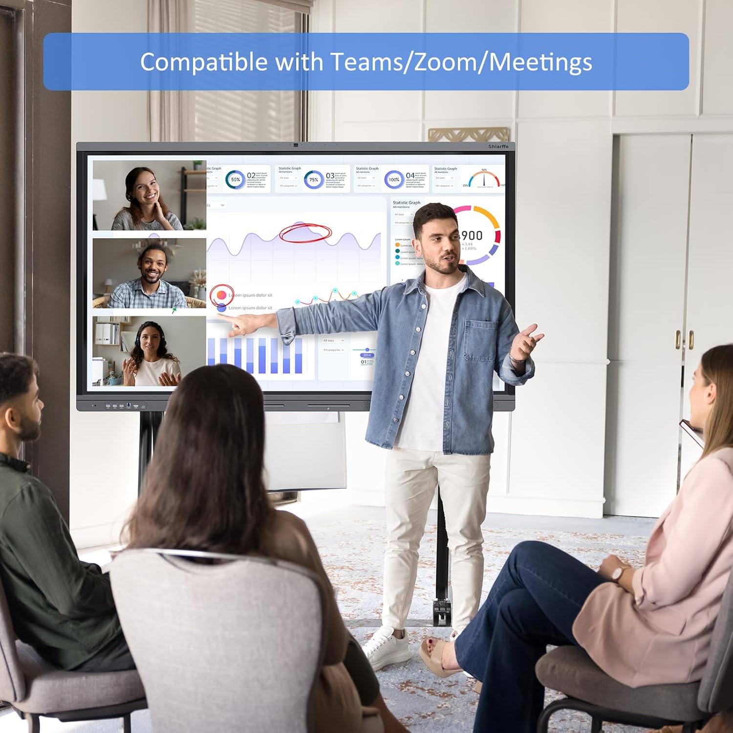 Shiarffe X5 Pro 4K 86 Inch Smart Board with Portable Stand, Google EDLA-Certified Digital Whiteboard, Touchscreen Interactive Display Built-in Camera for Classroom Office Hybrid Work Home, Android OS