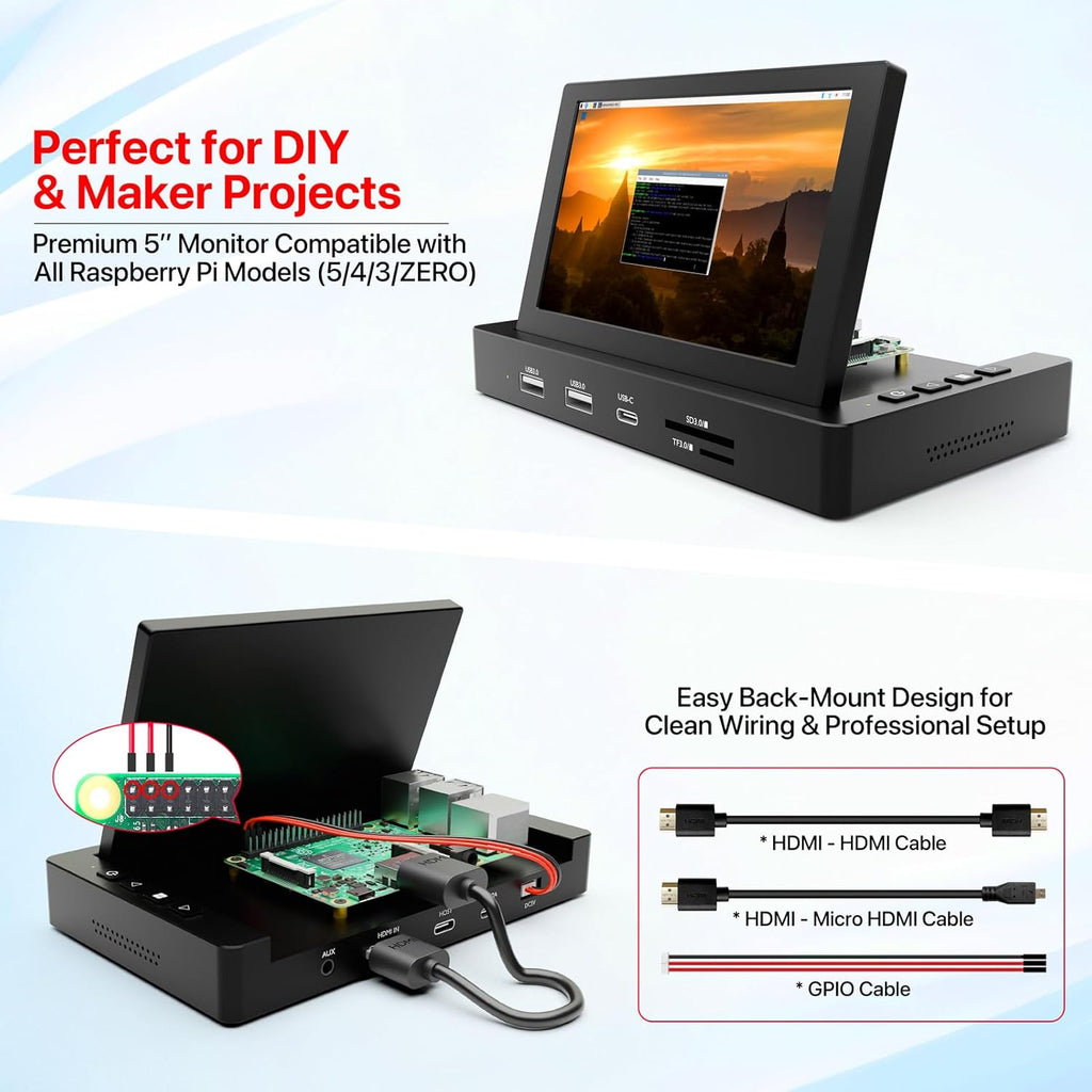 ROADOM 5'' Mini Monitor with Raspberry Pi Mount Holes & USB HUB, Type-C One-Cable Connection&Speakers, All-in-One Storage Dock, Pocket IPS Screen for PC monitoring/Gaming/AIDA64/Streaming Partner