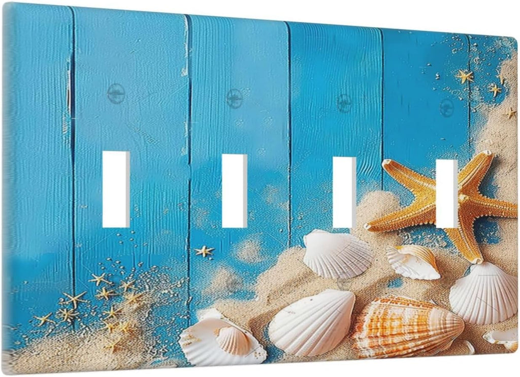 Light Switch Covers Blue Wood Grain Beach Shell Starfish Quad Toggle Electrical Faceplate 4 Gang Wall Plate Decorative Switch Plates for Bathroom Farmhouse Decor
