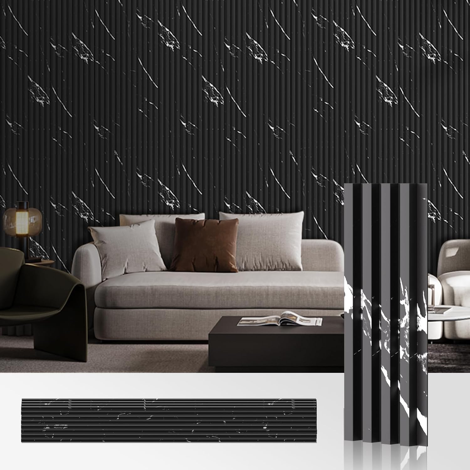 OUZUGIE WPC Acoustic Slat Wall Paneling, 8-Pack 114 x 6 Inches 3D Wall Panels for Interior Wall Decor,Living Room,TV Background,Study Room,Office Spaces,Bedroom,High Grille (Black Marble-1)