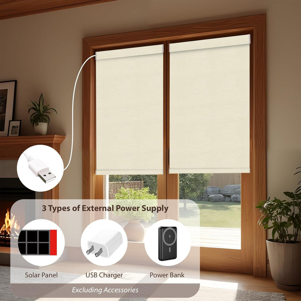 Motorized Roller Blinds with Remote, 100% Blackout Automatic Roller Shades for Bedroom, Bathroom, and Living Room, Customized Size, Desert Sand Beige