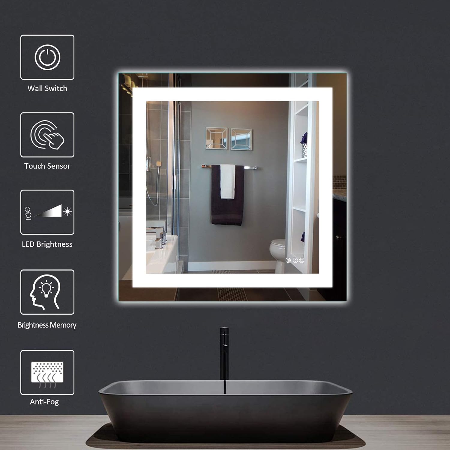 Amorho LED Bathroom Mirror 36"x 36" with Front and Backlight, Stepless Dimmable Wall Mirrors with Anti-Fog, Shatter-Proof, Memory, 3 Colors, Double LED Vanity Mirror