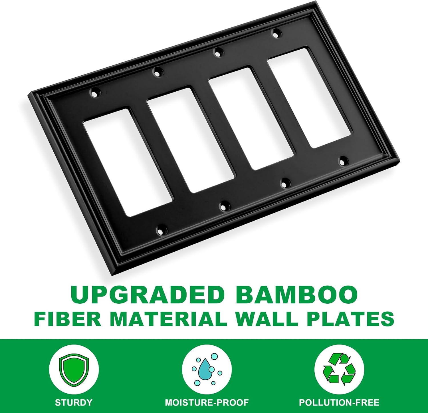 Black Modern Decorative Wall Plate Light Switch Cover Decorator Outlet Covers Rocker Switch Plates Bamboo Fiber Material Wall Plates for Kitchen Bathroom (4 Gang Quad Decorator-1 Pack)