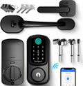 Keyless Entry Door Lock with Handle Set, Smart Door Lock for Front Door with Woodworking Flat Wing Drill, Electronic Keypad Deadbolt Lock, Auto Lock Compatible with Alexa, Black
