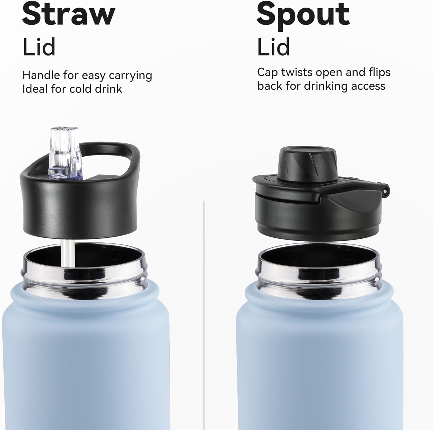 16 oz Insulated Water Bottle with Straw Lids, Stainless Steel Kids Water Bottles for School, Double Wall Vacuum Metal Water Bottle with Straw & Wide Mouth Lid, Light Blue 1 Pack
