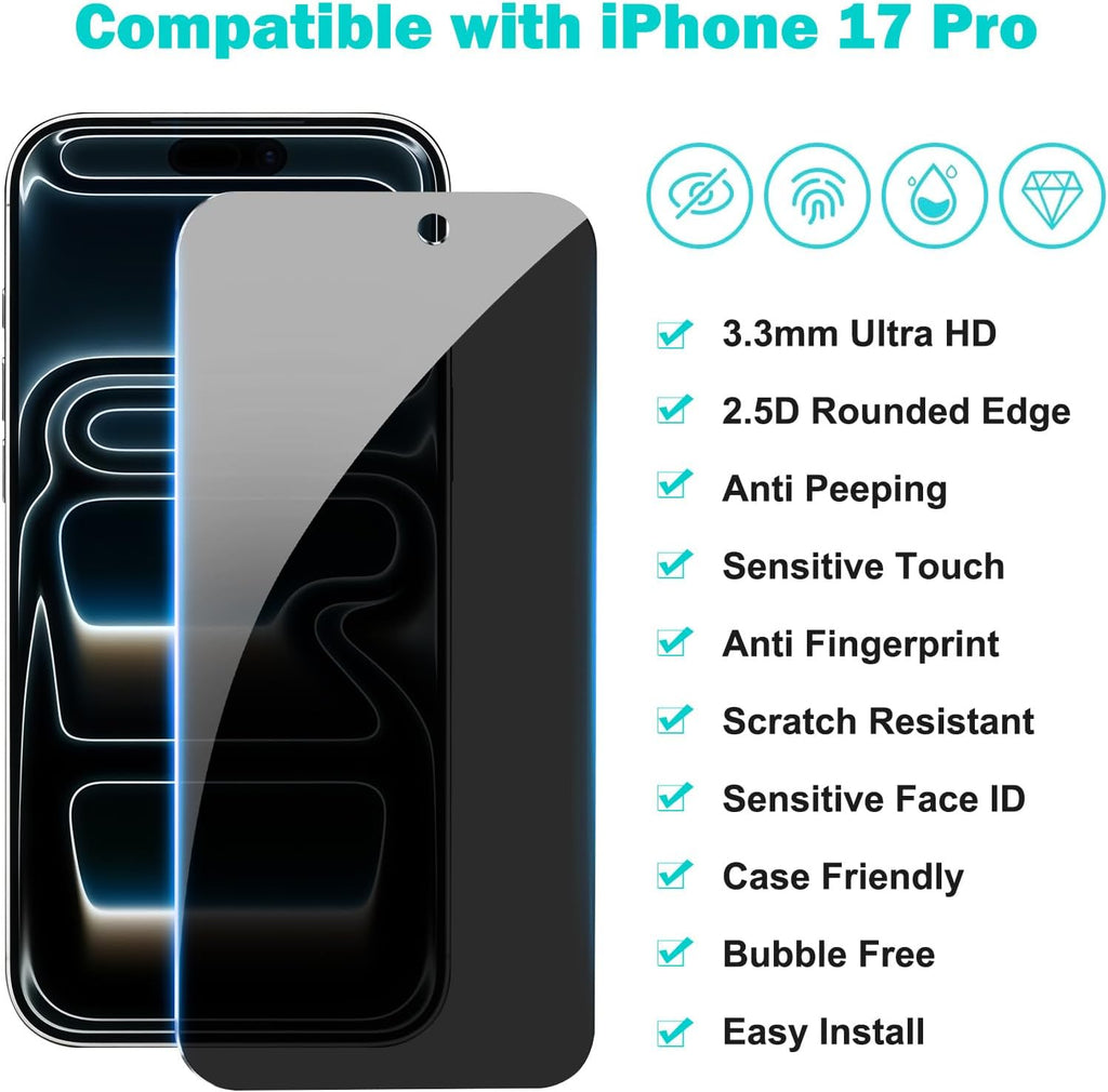 PEHAEL 3+3Pack for iPhone 17 Pro Privacy Screen Protector with Camera Lens Protector Full Coverage Anti-Spy Tempered Glass Film 9H Hardness Easy Installation Bubble Free [6.3 inch]