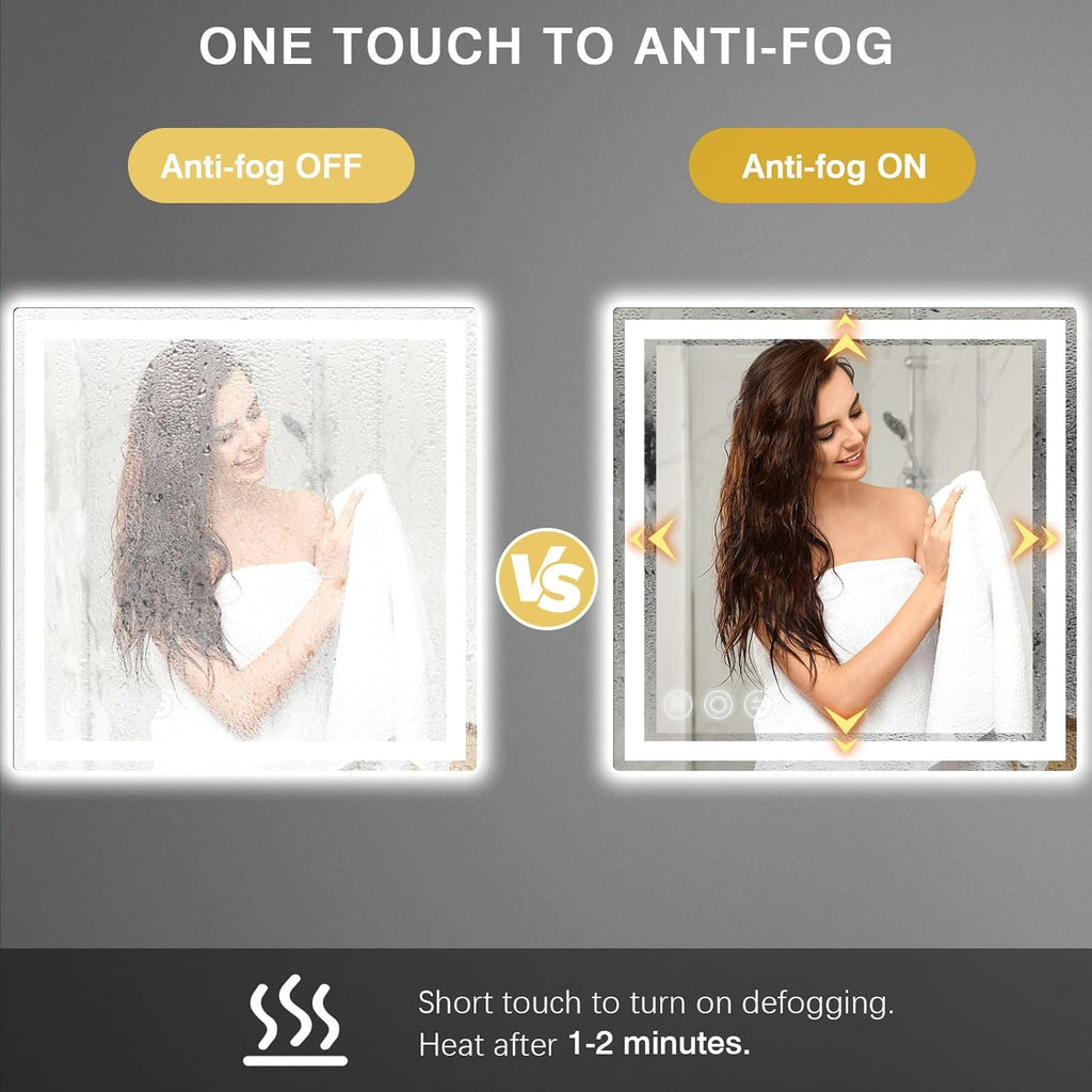LED Bathroom Mirror 24"x 24" with Frontlit and Backlit, Anti-Fog Bathroom Vanity Mirror,Stepless 3 Colors Temperature & Dimmable Wall Mounted Mirror,Memory Tempered Glass Mirror for Bathroom