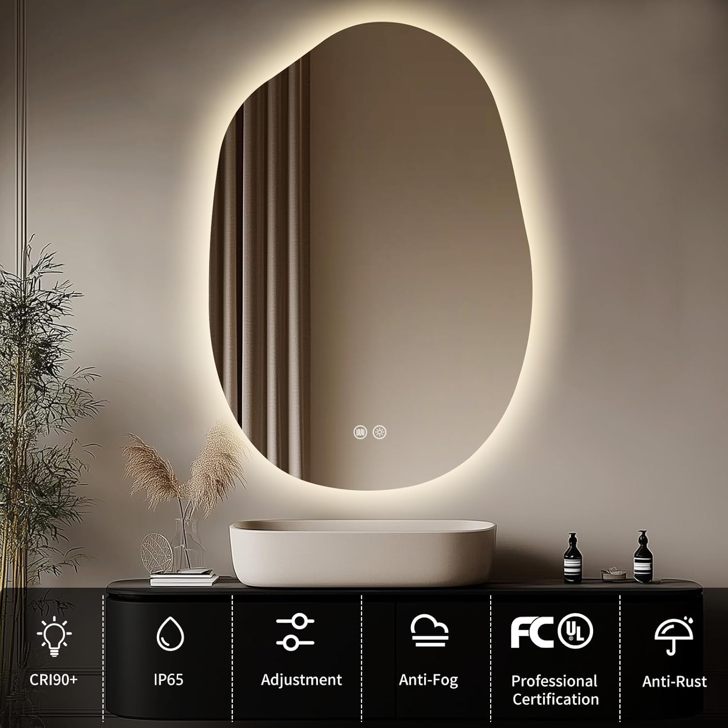 LED Bathroom Mirror with Lights 26x38, Stepless Dimmable Irregular Backlit Mirror with 3 Colors, Anti-Fog, Memory, Al-Alloy Lampshade, Frameless Vanity Mirror for Bathroom (Horizontal/Vertical)
