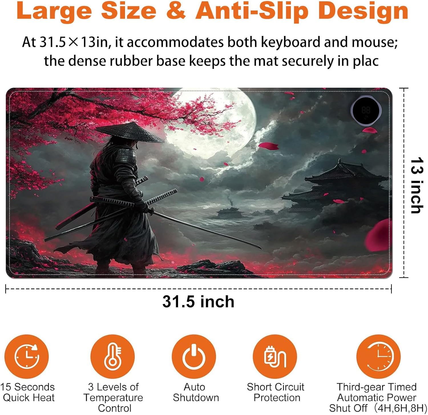 Heated Mouse Pad for Desk 31.5" x 13" – PU Leather Warm Desk Pad with 3 Heat Levels (104°F/113°F/122°F), Plug-in Electric Heating Mat with Auto Shut-Off, Waterproof & Rollable, Samurai