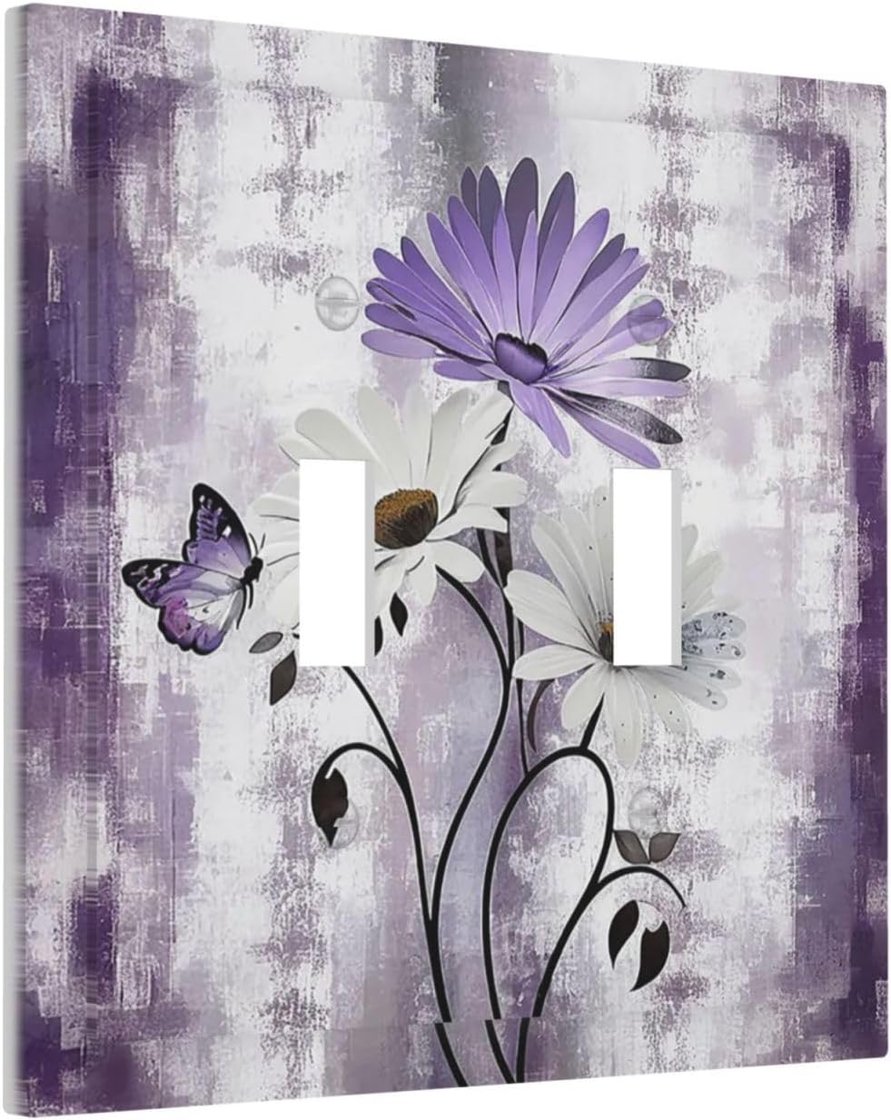 Purple Daisy White Floral Butterfly Flowers 2 Gang Double Toggle Light Switch Cover Decorative Switchplate Electrical Wall Plates Faceplate for Bathroom Bedroom Decor 4.9 X 5 IN