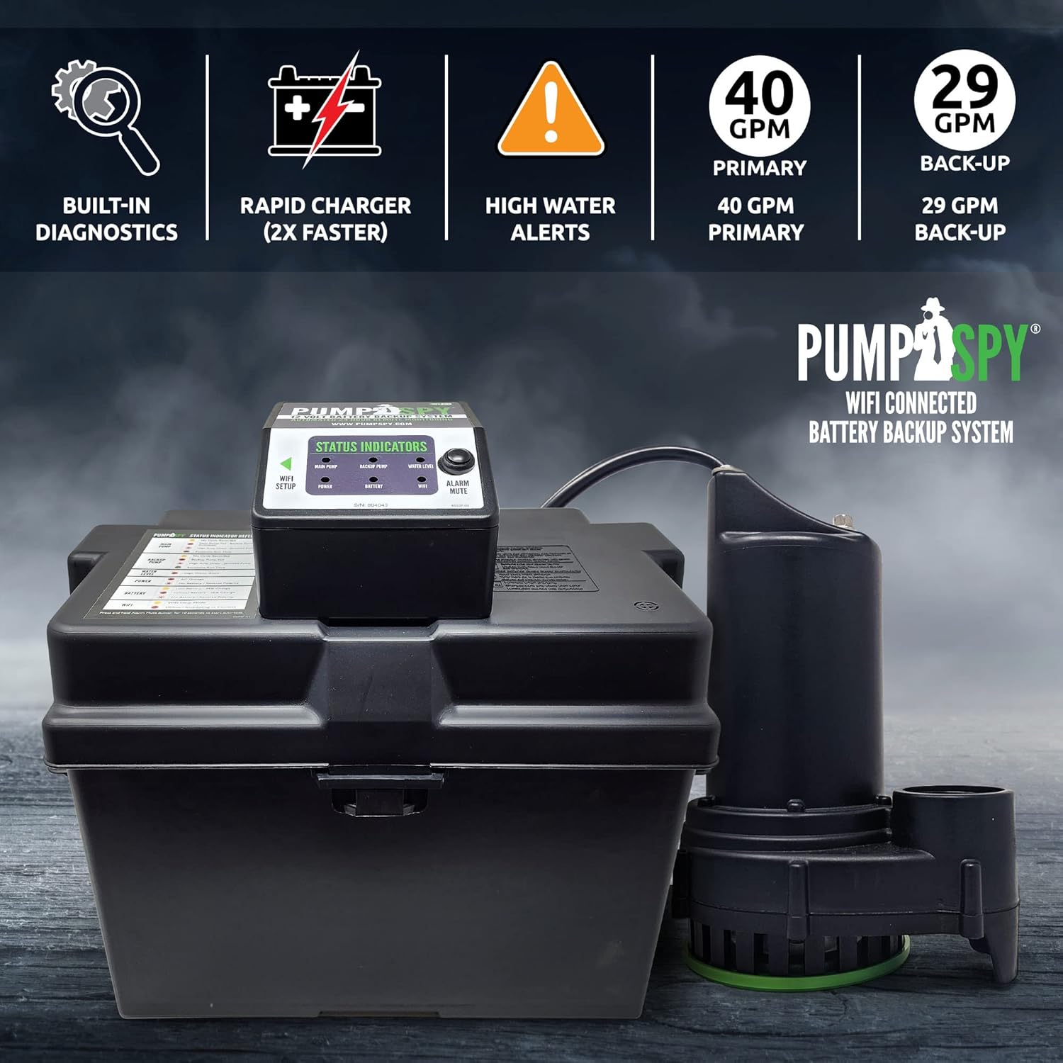 PumpSpy PS2000 WiFi Battery Backup Sump Pump System w/Internet Monitoring & Alerts, Sump Pump Battery Backup That Connects to 24/7 Remote Monitoring Service, Compatible w/PumpSpy App