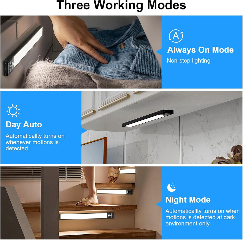 YELKO Motion Sensor Cabinet Lights, 3200mAh Battery Operated Closet Light, Portable Rechargeable Motion Lights, 3 Colors, 5 Brightness Adjustable Motion Lamp for Kitchen Wardrobe Cupboard(Two Pack)