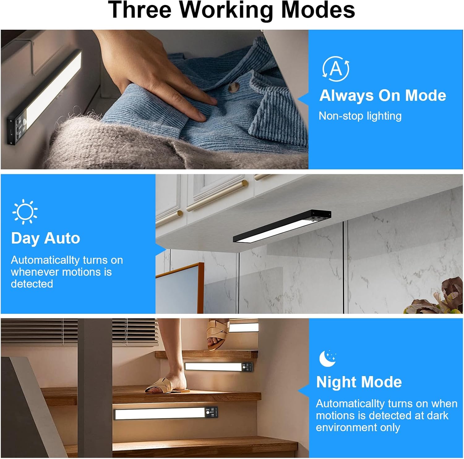 YELKO Motion Sensor Cabinet Lights, 3200mAh Battery Operated Closet Light, Portable Rechargeable Motion Lights, 3 Colors, 5 Brightness Adjustable Motion Lamp for Kitchen Wardrobe Cupboard(Two Pack)