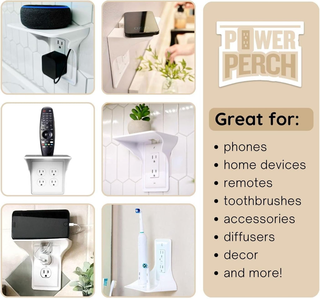 Power Perch Horizontal Wall Outlet Shelf – Bathroom Shelving for Electric Toothbrush & Organization – Useful as Alexa Dot Holder, Small Wall Shelf Apple Homepod Mini Wall Mount – White, 2-Pack