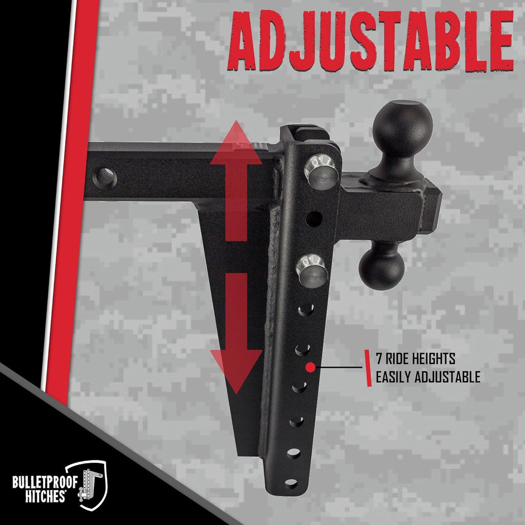 BulletProof Hitches - 2.0" Adjustable Heavy Duty Trailer Hitch (22,000 lb. Rating) - 12" Drop/Rise Trailer Hitch with 2" & 2-5/16" Dual Ball - Powder Coat, Solid Steel, Corrosion-Resistant