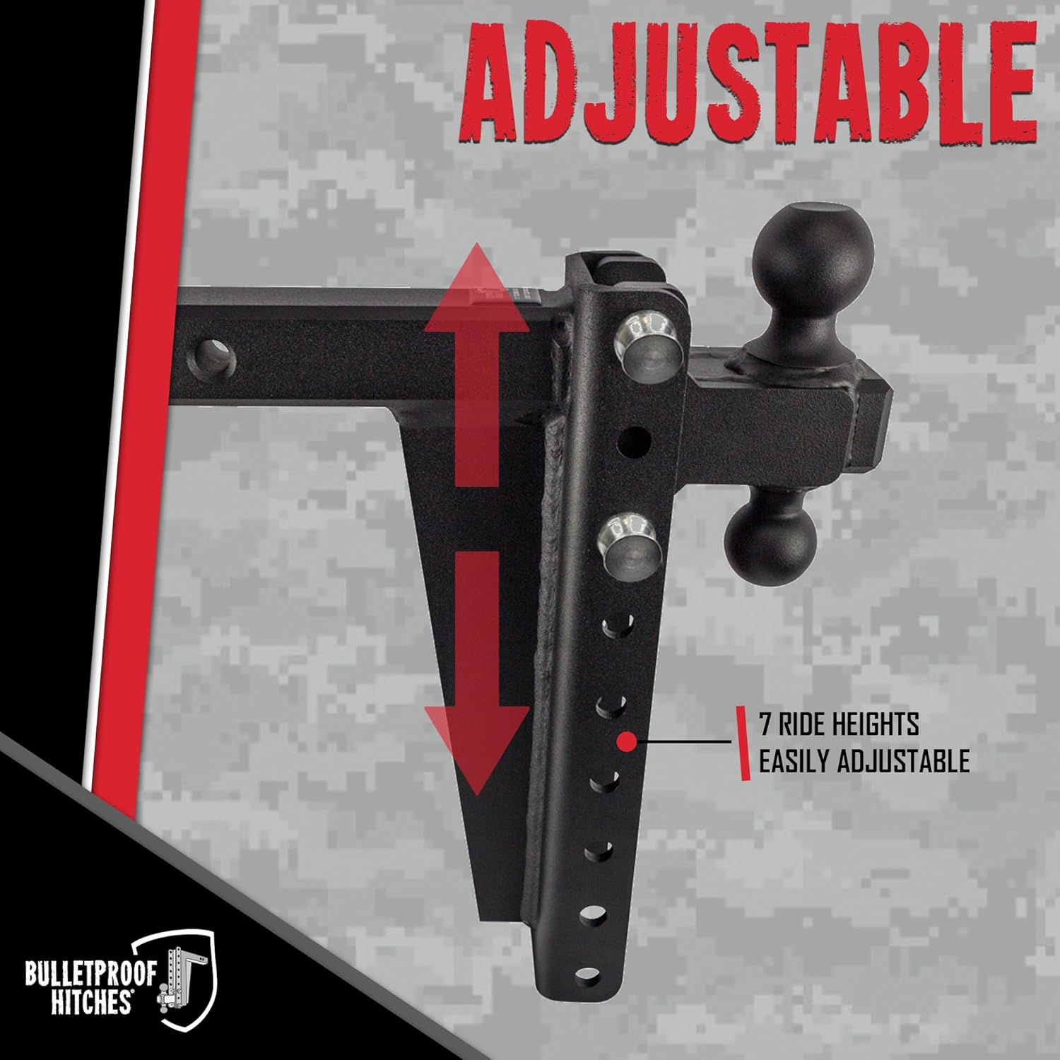 BulletProof Hitches - 2.0" Adjustable Heavy Duty Trailer Hitch (22,000 lb. Rating) - 12" Drop/Rise Trailer Hitch with 2" & 2-5/16" Dual Ball - Powder Coat, Solid Steel, Corrosion-Resistant