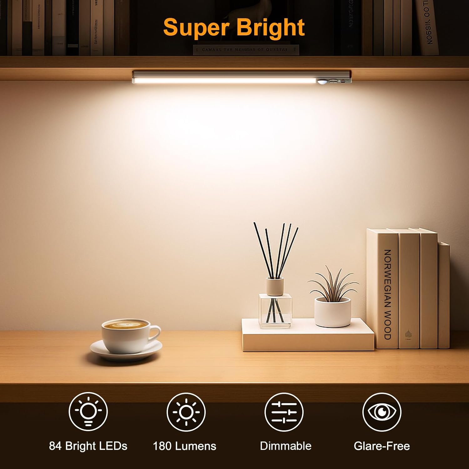 Gritin 10.2inch Under Cabinet Lighting Rechargeable -84 LED Super Bright,3-Color& 5 Level Brightness,4 Modes,Motion Sensor, Long Lasting- Easy Installation Magnetic Closet Lights -2 Pack-Bronze
