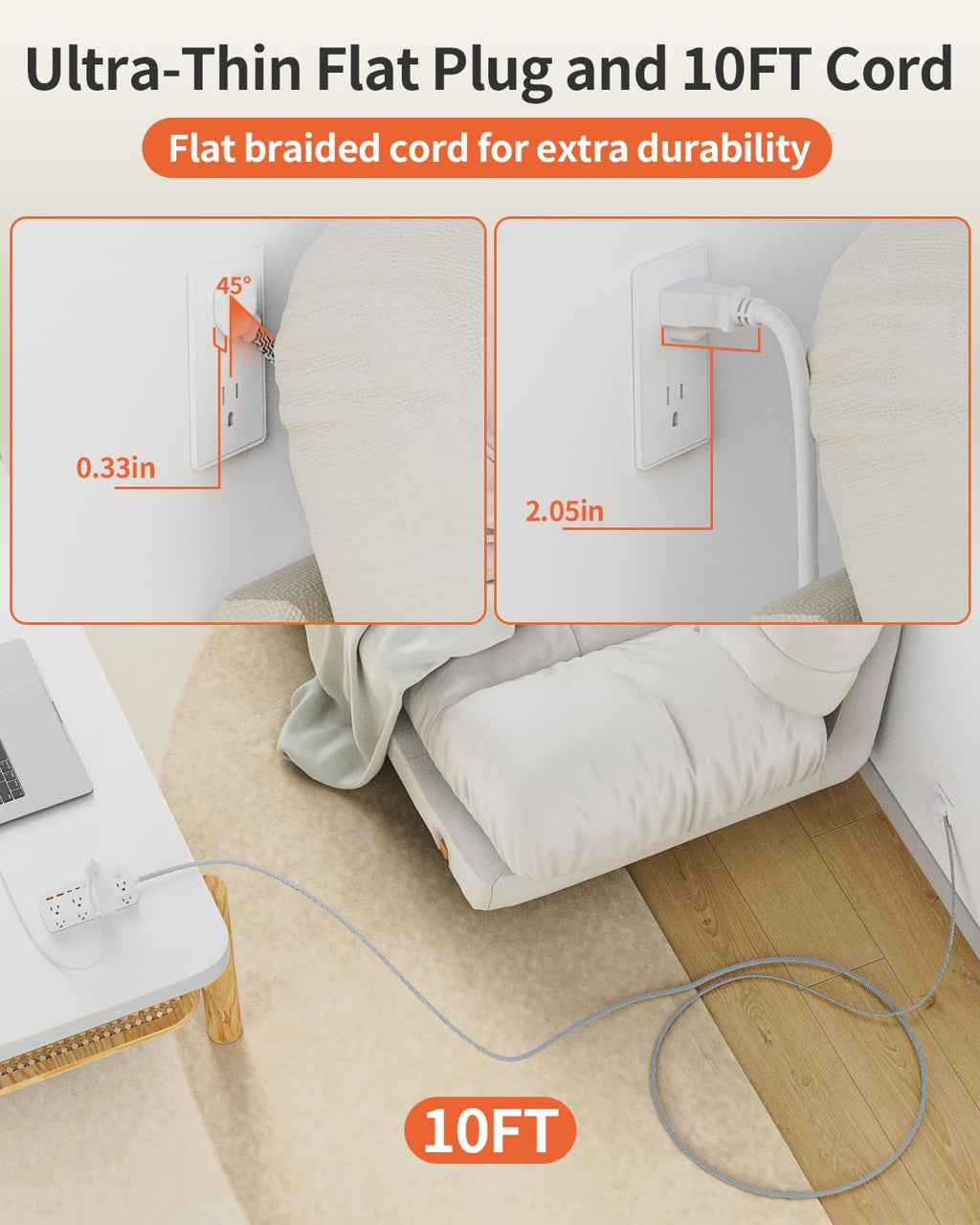 Power Strips with Surge Protection, 10 FT Braided Extension Cord with Multiple Outlets-8 AC Outlets 4 USB Ports (2 USB C), 1700 Joule Surge Protector with Flag Plug for Home Office, White