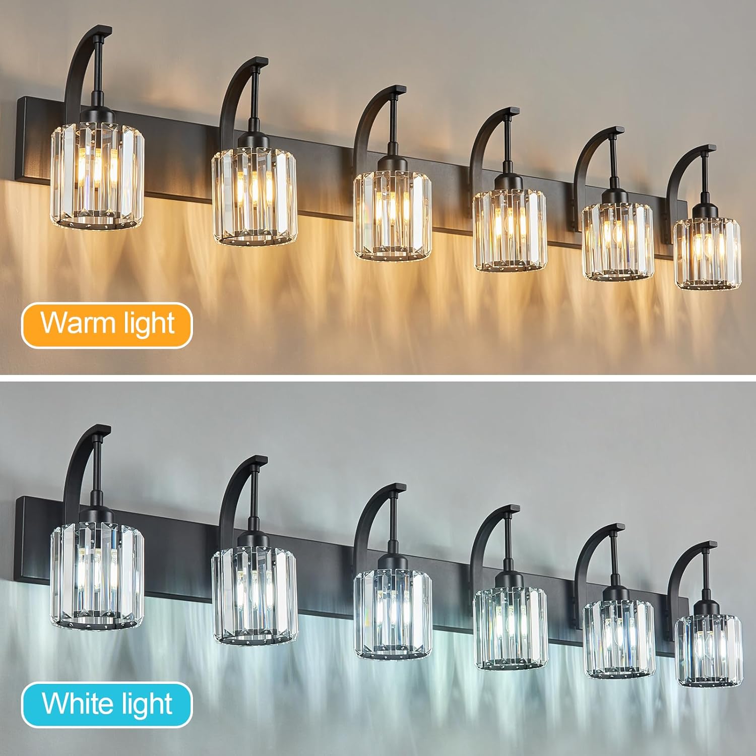 6-Light Crystal Vanity Light, Black Modern Wall Sconce with K9 Crystal Shades, 51.18" Long Over Mirror Lighting for Bathroom, Makeup, Hallway, Elegant & Easy Install