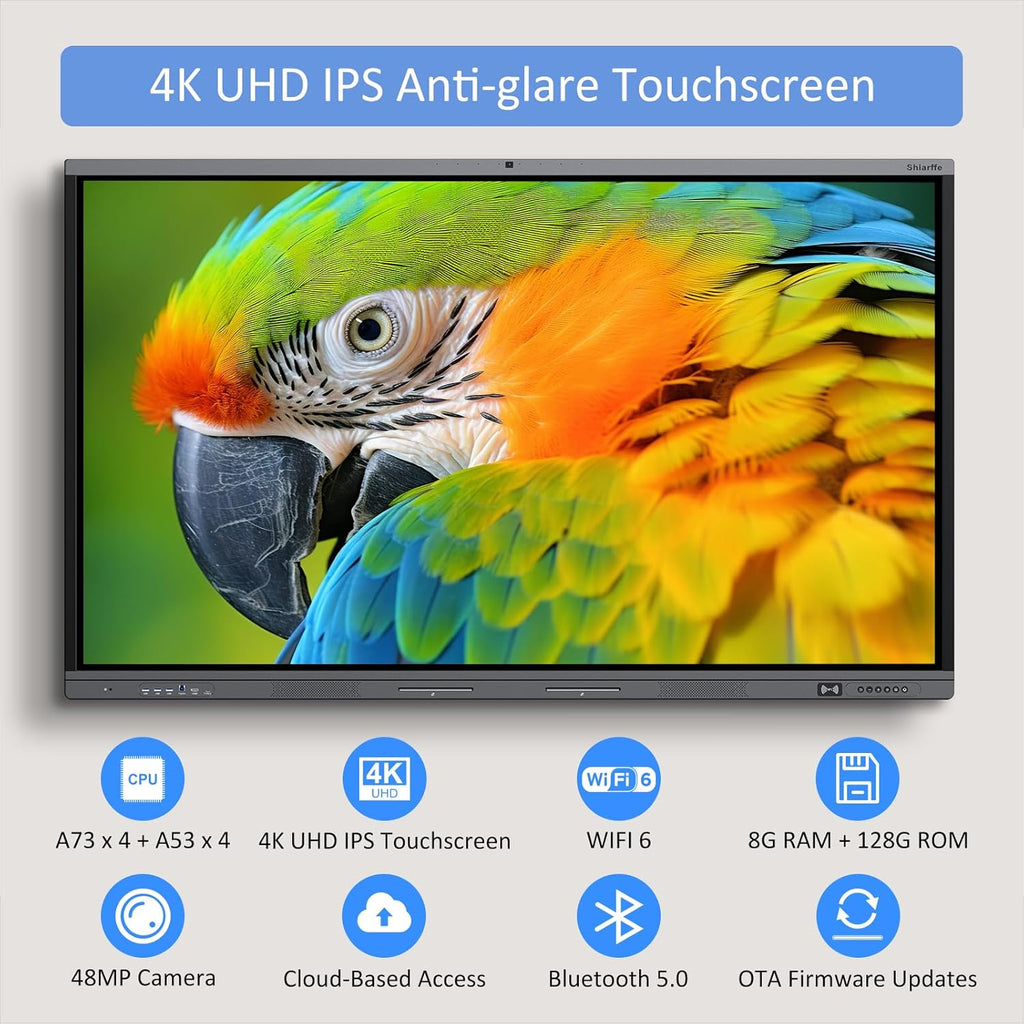 Shiarffe X5 Smart Board 4K Interactive Whiteboard EDLA-Certified All-in-One Touchscreen Digital Display Built-in 48MP Camera Mics and Speaker for Classrom Hybrid Work