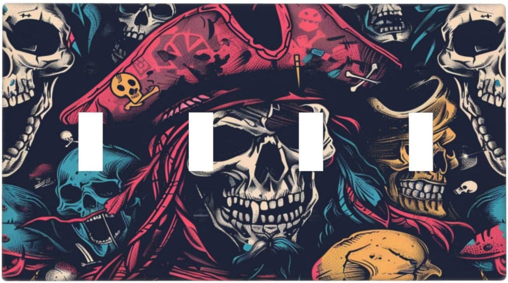 Light Switch Covers Pirate Colourful Skeleton Red Hat Quad Toggle Electrical Faceplate 4 Gang Wall Plate Decorative Switch Plates For Farmhouse Cabin Decor