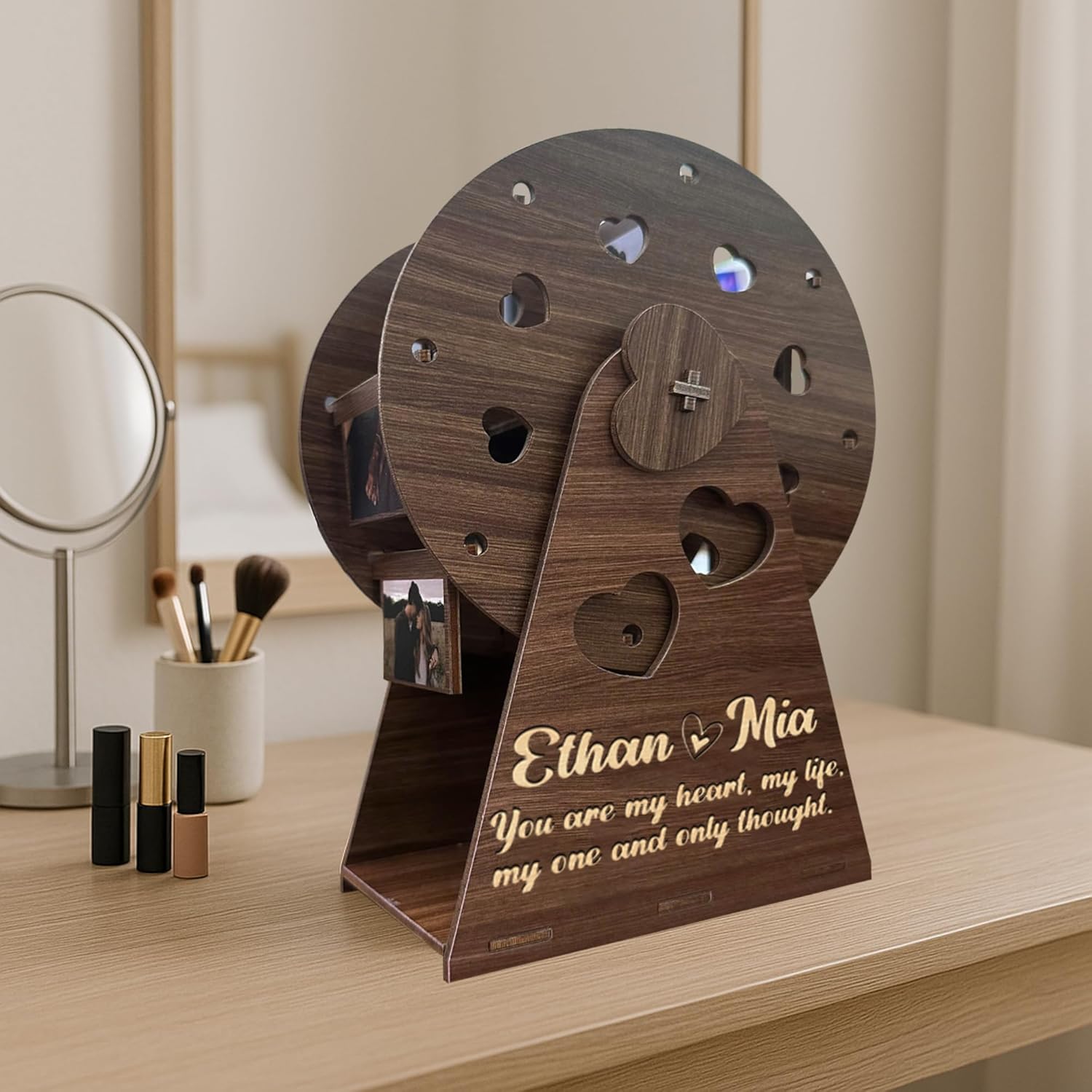 Custom Wooden Ferris Wheel Photo Couple Gift, Personalized Valentine Love Display for Couples Newlyweds Husband Wife, Romantic Wooden Spinning Photo Holder Anniversary Wedding Keepsake