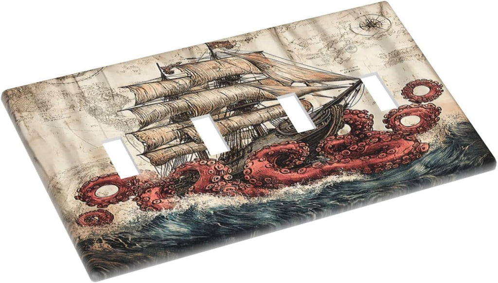 Light Switch Covers Vintage Octopus Ocean Sailboat Bizarre Adventure Quad Toggle 4 Gang Wall Plate Electrical Faceplate Decorative Switch Plates for Bathroom Kids room Decor