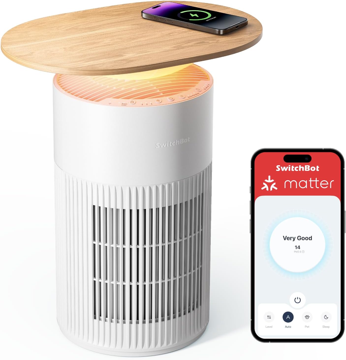 SwitchBot 4 in 1 Air Purifiers Table with Matter, Up to 3620 ft², H13 HEPA Pet Filter, Wireless Charging, Washable Pre-filter, 10 RGB Colors, Work with Apple Home, Google Home, HomeAssistant
