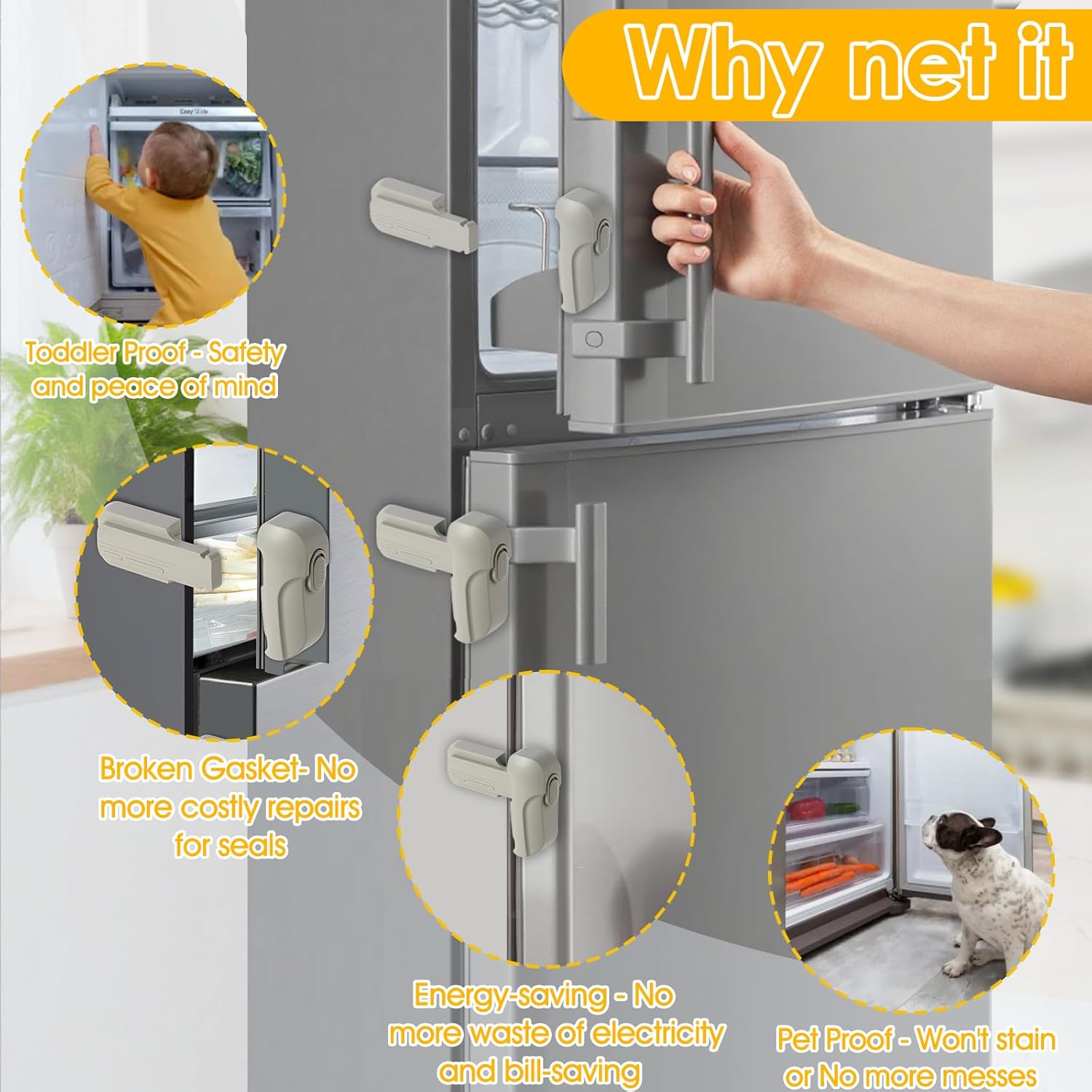 Fridge Lock for Kids - Refrigerator Lock & Freezer Lock, 2-Pack Dual Mode, Child Proof, 2 Extra Adhesive Fridge Child Lock to Keep Fridge/Freezer Door Closed - Keep Toddlers & Pets Safe(Gray)